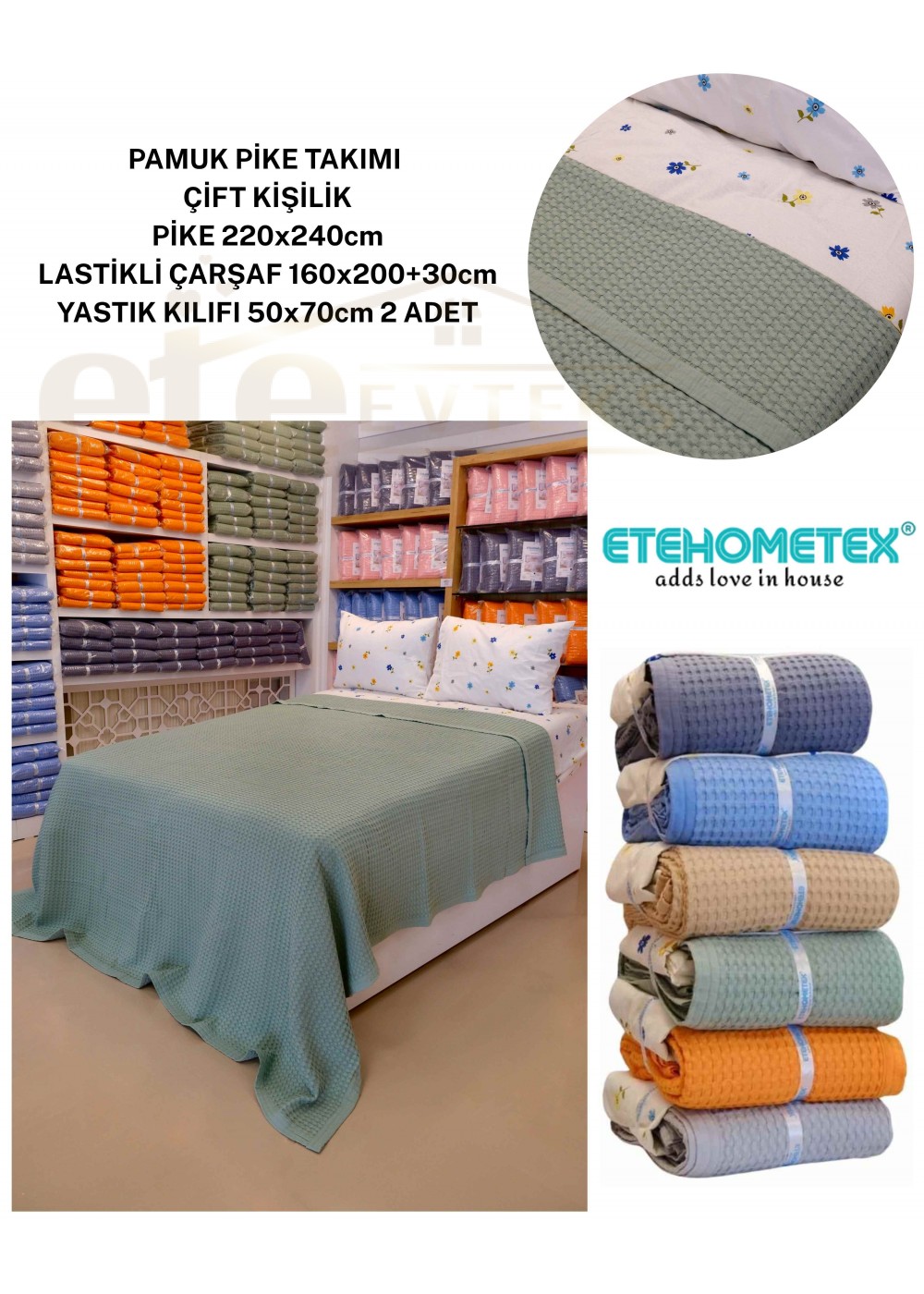 ETEHOMETEX ÇİFT KİŞİLİK %100 PAMUK HAVUZLU PİKE TAKIMI YEŞİL 8696474232073